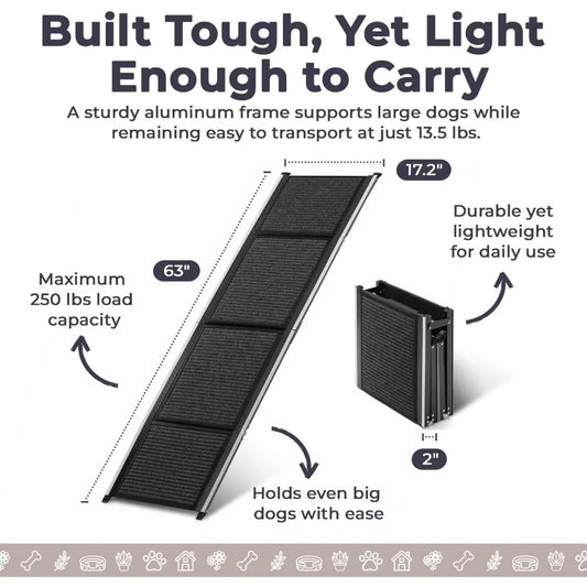 Dog Ramp for Car, SUV & Truck – Wide Folding Ramp for Large Dogs – Non-Slip Rug Surface – Reflective Strips, Portable with Carry