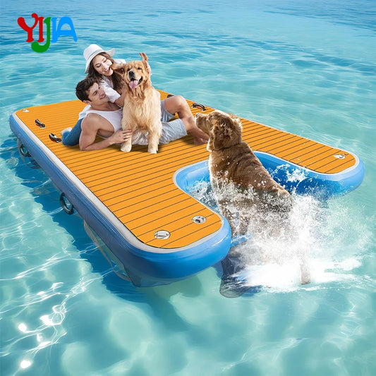 Inflatable Dock Floating Platform Island Raft Multi-People Swim Deck with Dog Water Ramp Pets Water Access Ladder Steps for Pool
