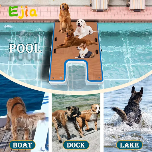 Inflatable Dock Floating Platform Island Raft Multi-People Swim Deck with Dog Water Ramp Pets Water Access Ladder Steps for Pool